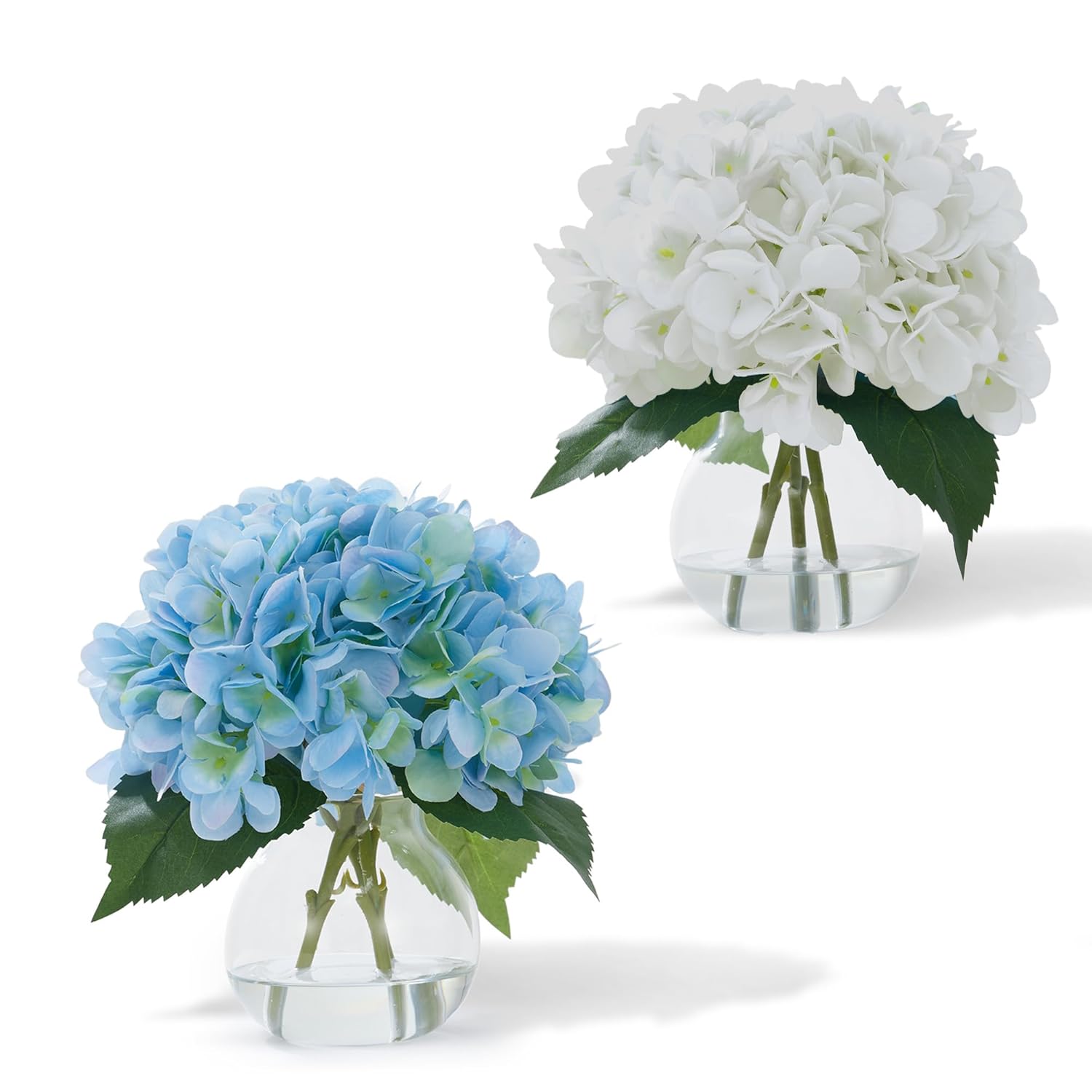 2-Pack Real Touch Artificial Hydrangea Flowers In Vase With Wood Bead String, Lifelike Faux Hydrangea Bouquet For Home Table Centerpieces, Bathroom & Office Decor?White & Blue
