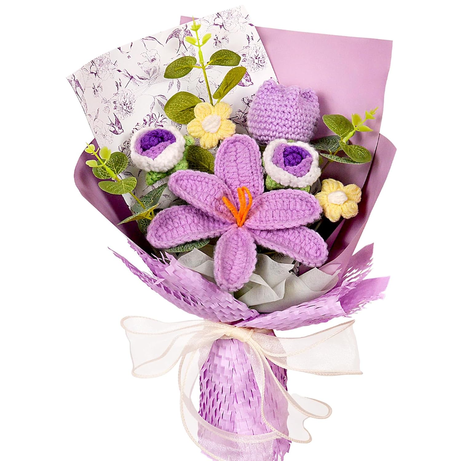 Knitted Flowers Bouquet - Crochet Tulips Roses Daisies Knit Flowers For Mother'S Day Wedding Anniversary Birthday Teacher Appreciation Gifts Home Décor Purple