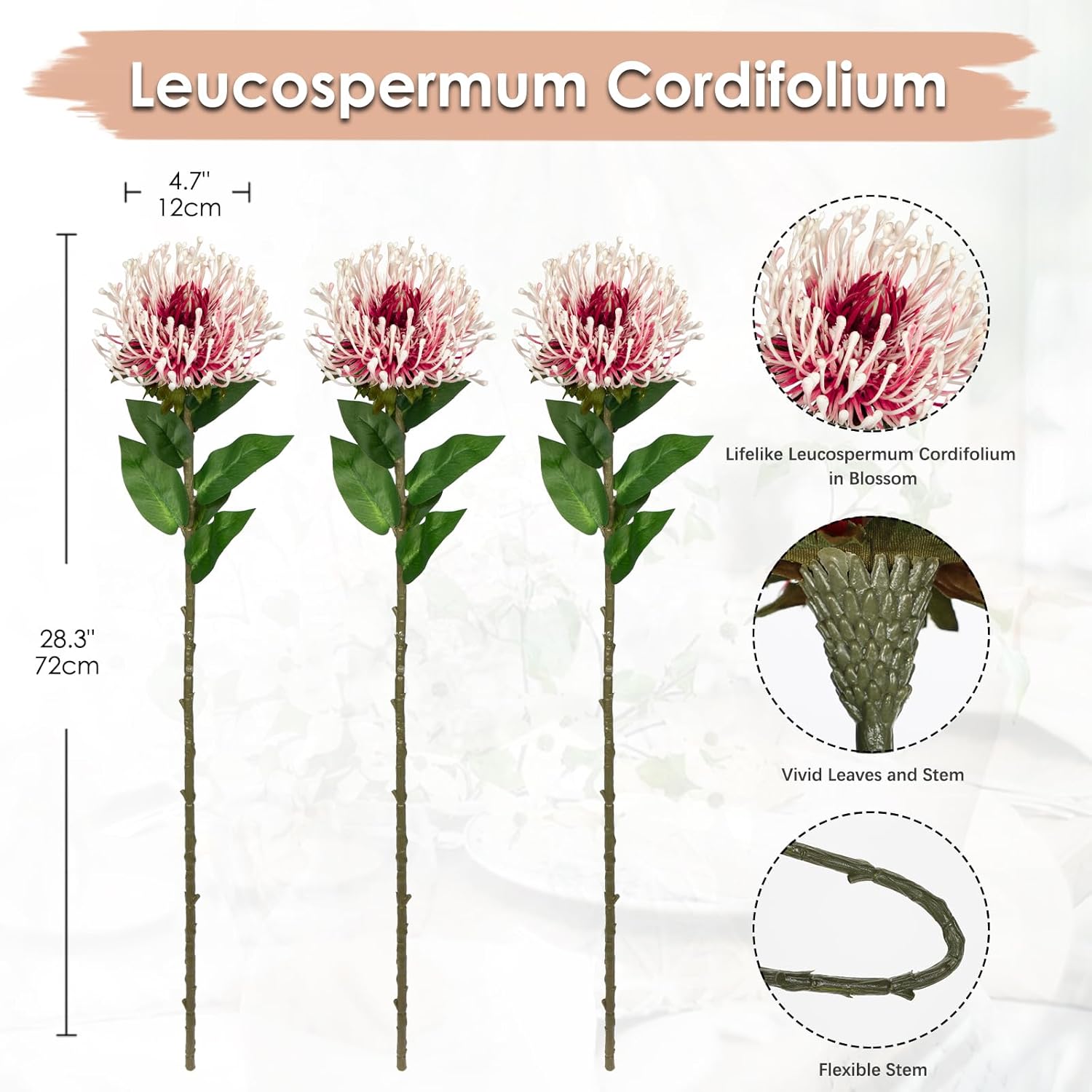 3Pcs Artificial Flowers Mums Spider Mum Flower 28.3'' Long Stem Fake Chrysanthemum Flowers Leucospermum Cordifolium Arrangement Faux Pincushion Flowers Bouquet For Home Decor Red & White