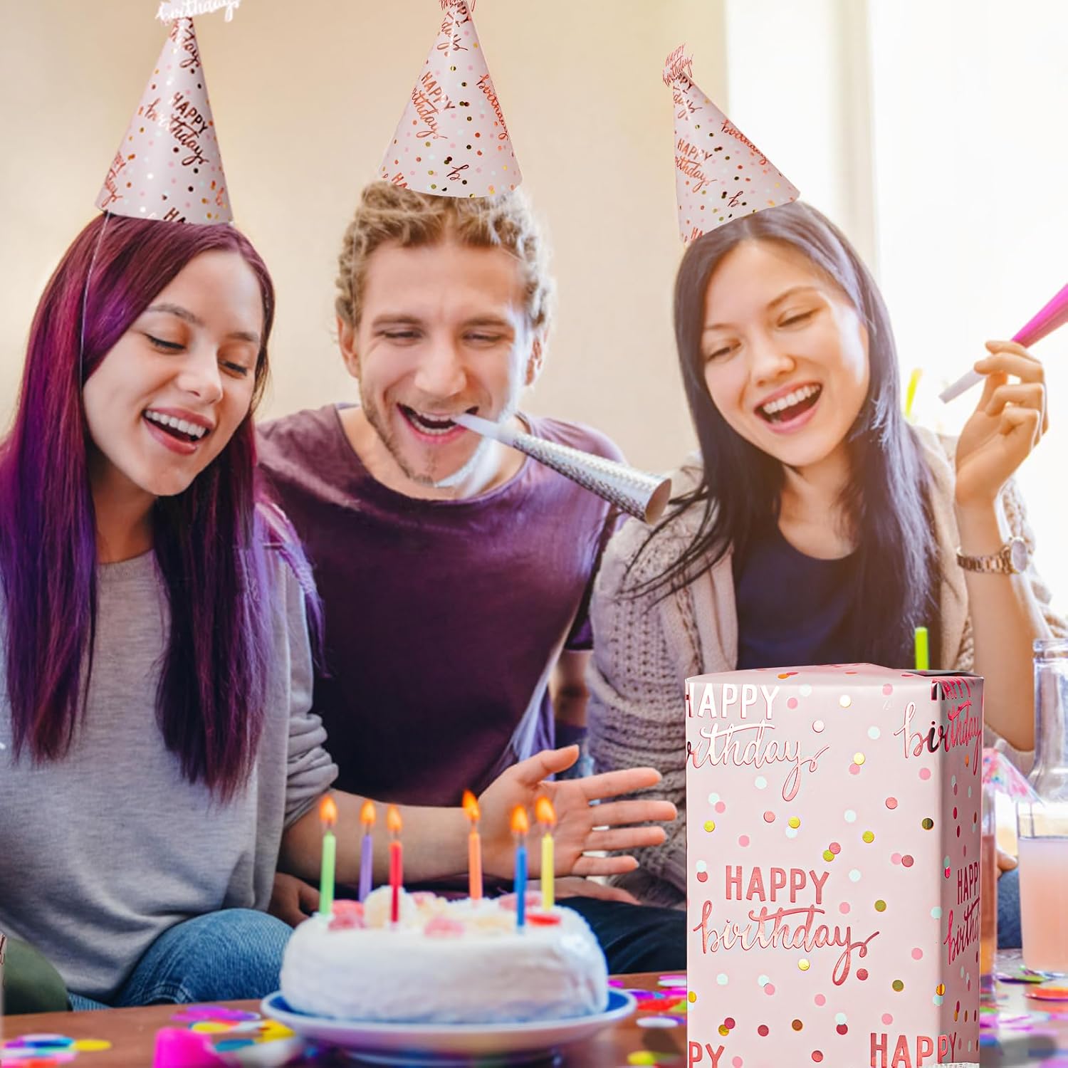 Reversible Pink Birthday Wrapping Paper Roll, Girl Gift Wrapping Paper, Metallic Foil Happy Birthday Pattern Girly Gift Wrap For Gift Packaging, Women Party, Celebrations (17 Inch X 33 Feet)