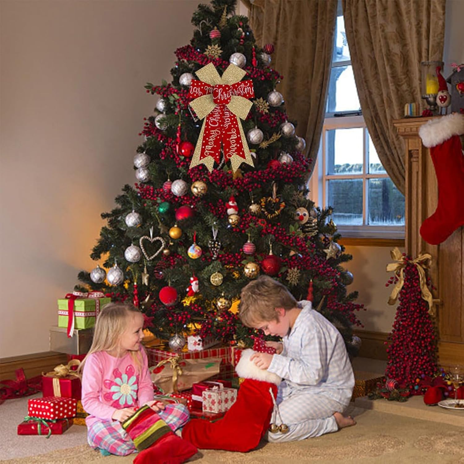 3 Rolls Merry Christmas Wired Edge Ribbons For Wreath Bows Crafting, Xmas Glitter Red Golden Winter Holiday Craft Ribbons For Gift Wrapping, Party Decorations, Ornaments