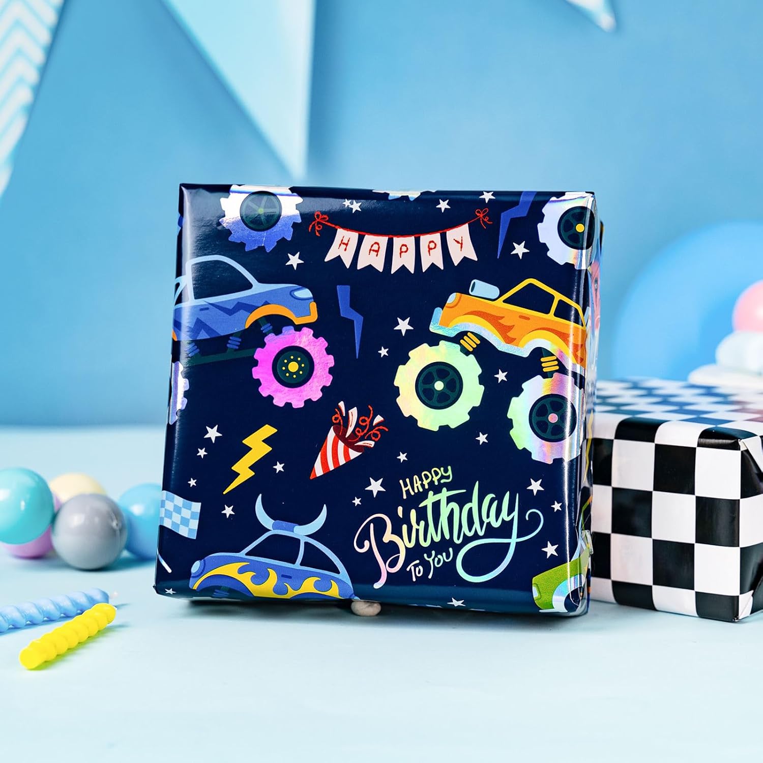 Monster Truck Wrapping Paper Roll, Reversible Checkered Flag Birthday Gift Wrap, Perfect For Kids And Boys Birthdays, 17 Inch X 33 Feet