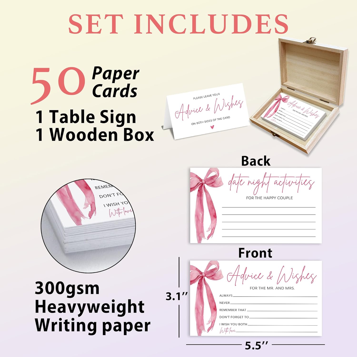 Pink Bow Advice And Wishes For The Mr And Mrs - 50 Packs Wedding Advice Cards Bridal Shower Game Cards With Box Reception Guest Book For Bride Groom Newlywed Engagement Party Decoration -A07