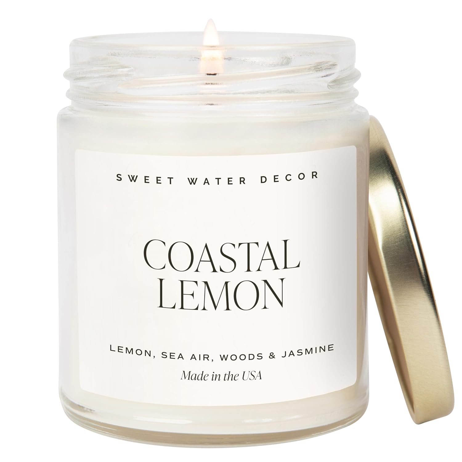 Coastal Lemon Scented Candles - Soy Candles With Lemon, Sea Salt, & Driftwood For Home Decor - Candle Wax With 40 Hours Burn Time - 9Oz Gold Lid Clear Jar Candles For Home Scented