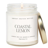 Coastal Lemon Scented Candles - Soy Candles With Lemon, Sea Salt, & Driftwood For Home Decor - Candle Wax With 40 Hours Burn Time - 9Oz Gold Lid Clear Jar Candles For Home Scented
