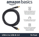 USB-A to USB-B 2.0 Printer Cable, 10ft Gold-Plated for Hard Drive, Black