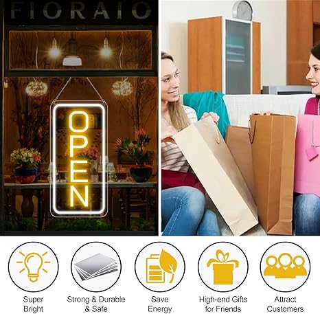 Ultra Bright LED Open Neon Sign 22.8 x 11.8 Inch 12V Vertical Business Window Light