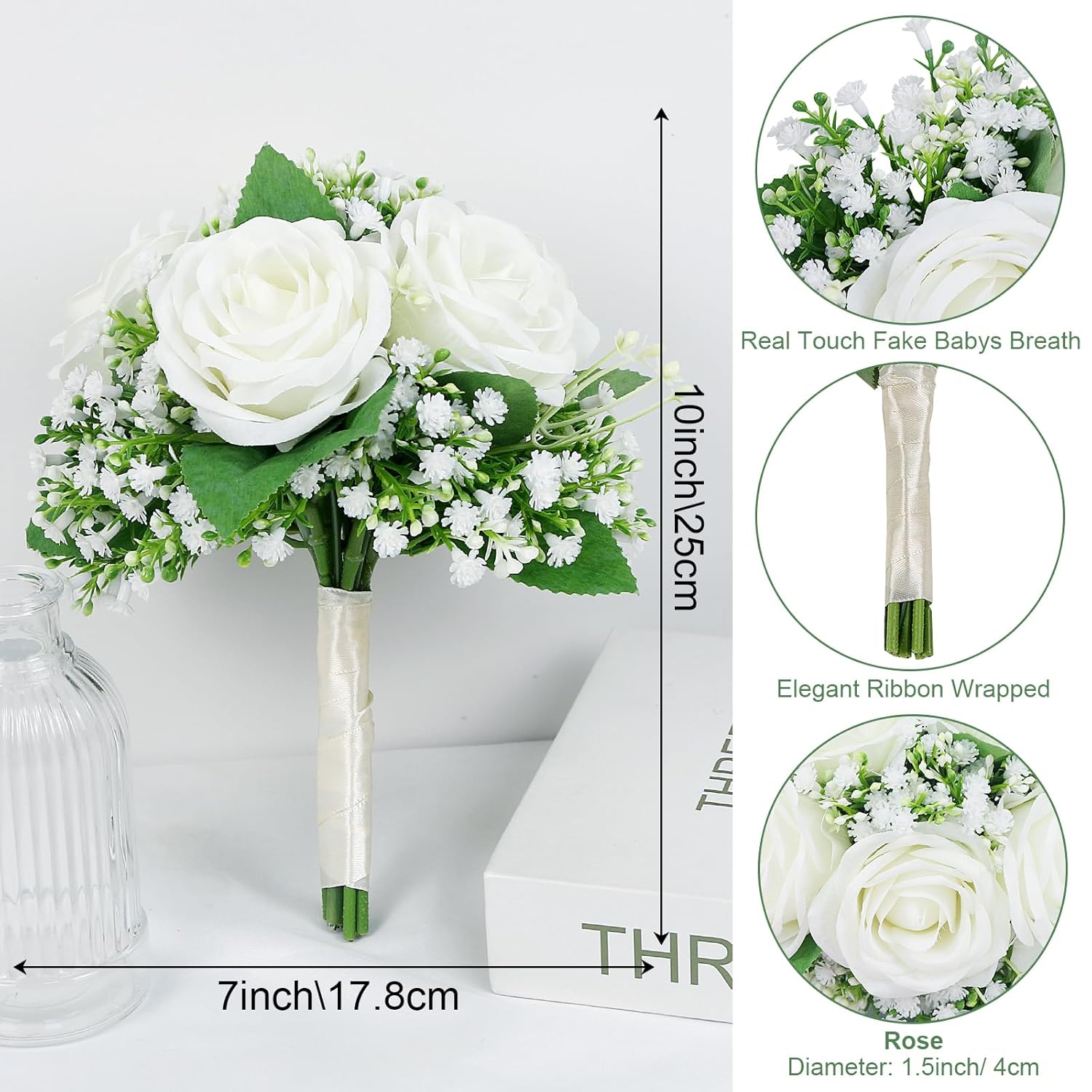 Set Of 4 Bridesmaid Bouquets For Wedding - 7 Inch Ivory White Fake Flower Bouquet For Bridesmaid, Silk Rose Artificial Babys Breath Small Bouquet Handmade For Bridal Shower Ceremony Anniversary