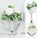Set Of 4 Bridesmaid Bouquets For Wedding - 7 Inch Ivory White Fake Flower Bouquet For Bridesmaid, Silk Rose Artificial Babys Breath Small Bouquet Handmade For Bridal Shower Ceremony Anniversary