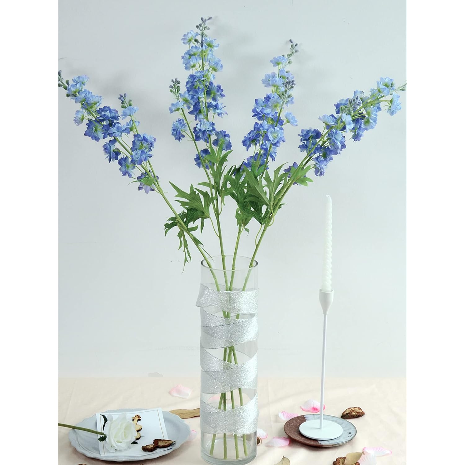 Zytuyo Blue Delphinium Artificial Flower Long Stem Flower 4 Pcs 33.5 In Fake Larkspur Faux Look Real Silk Flower Plant Bulk Bouquets For Outdoor Tall Vase Home Garden Wedding Arrangement Decoration