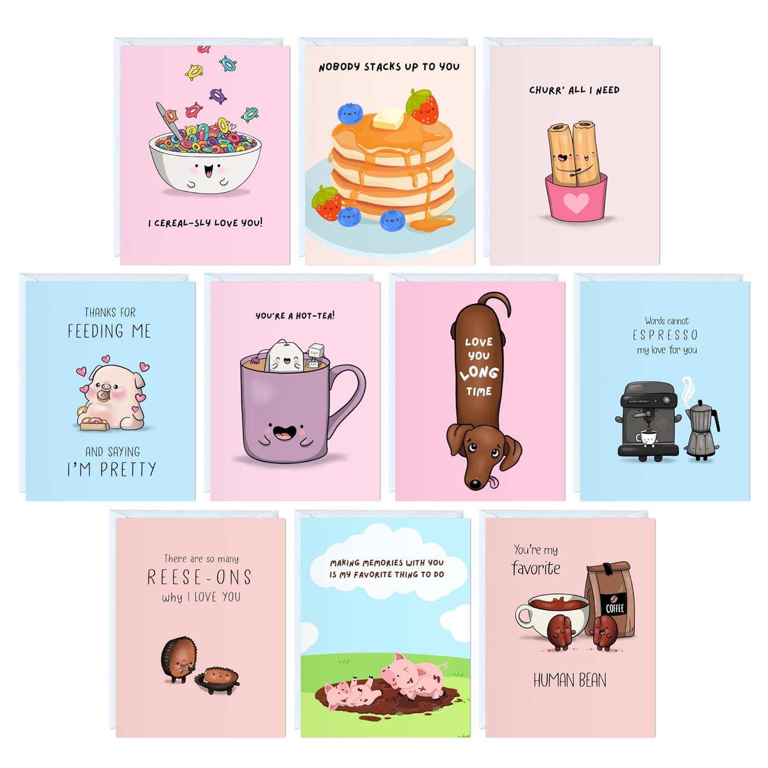 Cute Anniversary Card, Birthday Card For Her Him/Girlfriend Wife/Husband Boyfriend, Friendship Thank You Kawaii Greeting Card (10 Cards - Boxed Set Of 10 Cards - Cute/Funny)