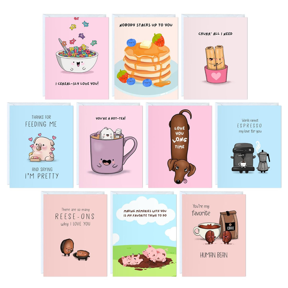 Cute Anniversary Card, Birthday Card For Her Him/Girlfriend Wife/Husband Boyfriend, Friendship Thank You Kawaii Greeting Card (10 Cards - Boxed Set Of 10 Cards - Cute/Funny)