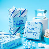 Reversible Blue Birthday Wrapping Paper Roll For Boys Men, Happy Birthday Lettering & Stripe Pattern With Metallic Foil In Blue, Mini Roll, 17 Inches X 32.8 Feet (46.45 Sq.Ft.)