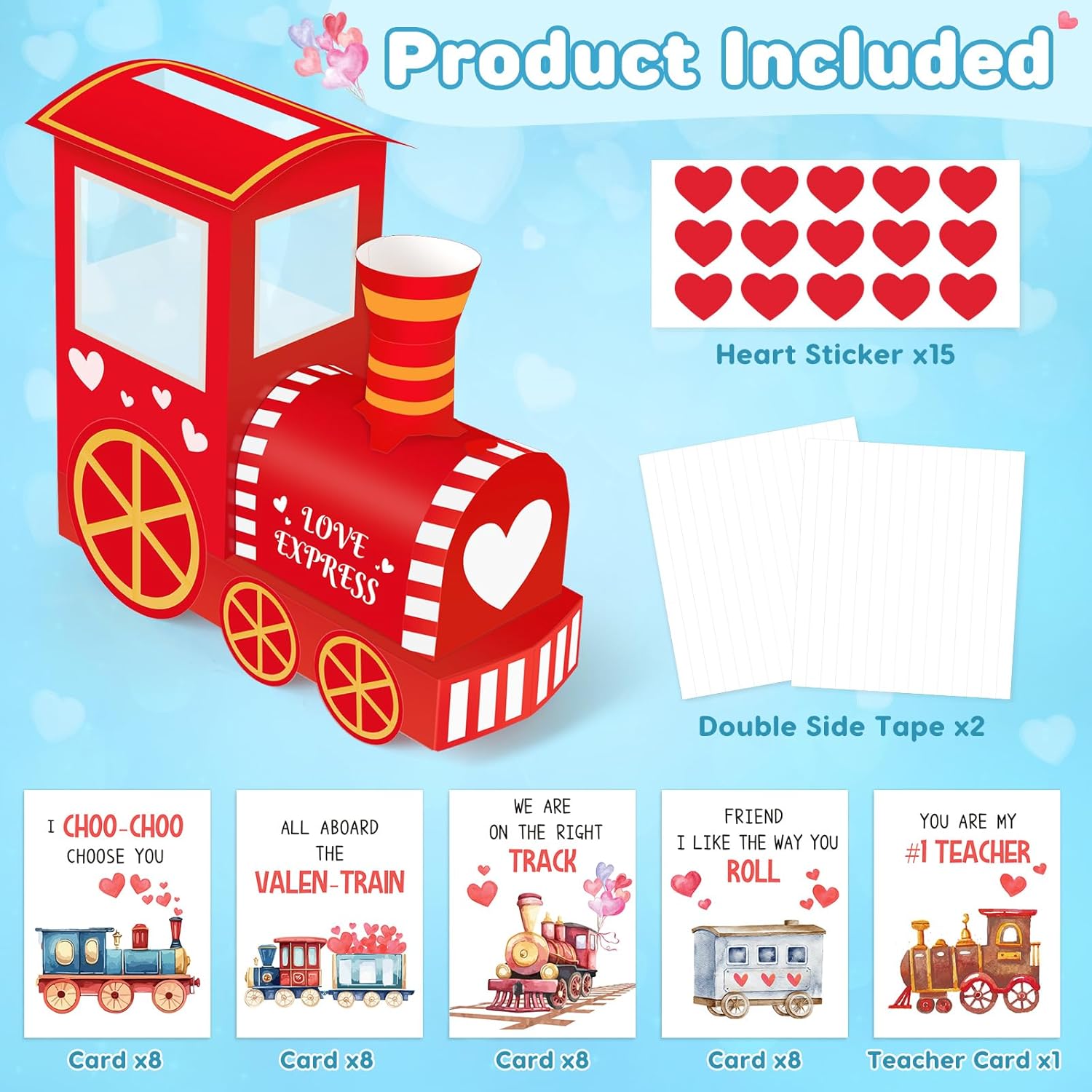 Train Valentines Day Box And Cards For Kids Classroom School Exchange, Great Valentines Gifts Party Favors For Boys Girls (1 Cute Train Box, 32 Valentine Cards, 1 Teacher Card)