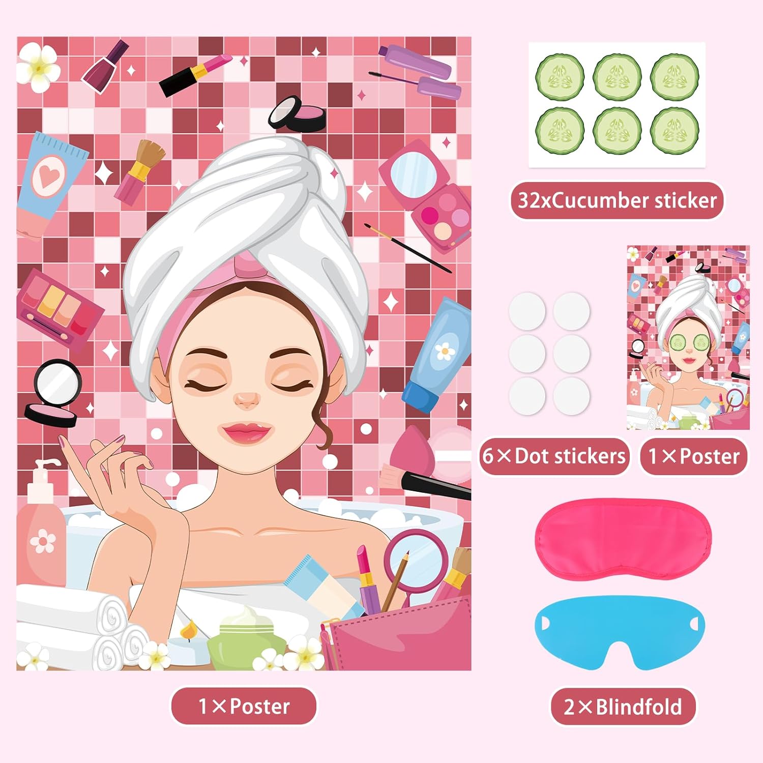 Spa Party Games Pin The Cucumbers On The Girl Spa Birthday Party Supplies For Kids Girls Women, Large Sleepover Slumber Pin The Games Poster With 42 Cucumber Stickers