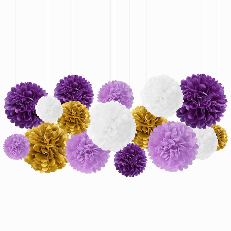 Purple White-Gold Lavender Tissue Pom-Poms - 16Pcs Purple Birthday Par