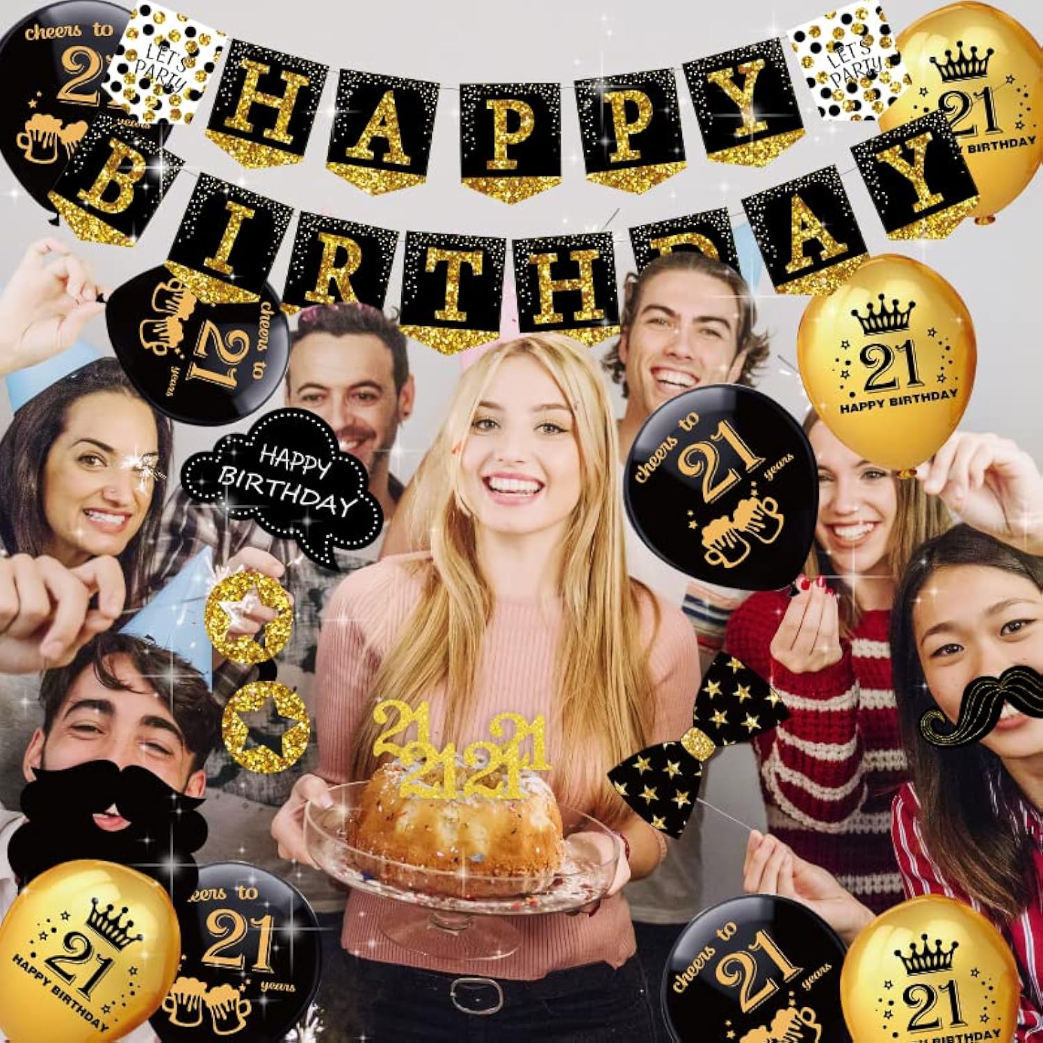21St Birthday Decorations For Him - Black Gold Party Pack (76Pc), Includes Banner, Pennant, Swirls, Balloons, Tablecloths, Cupcake Toppers, Crown, Plates, Photo Props, Sash