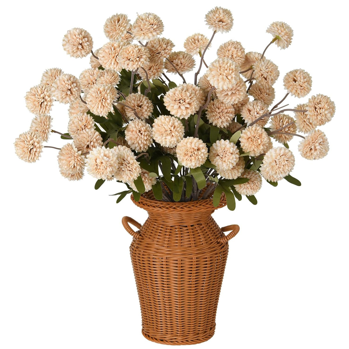 12Pcs Faux Silk Pompon Mums Artificial Flowers, Bulk Fake Mini Chrysanthemums With Stems, For Fall Decor, Boho Arrangements & Vase Fillers (Beige)