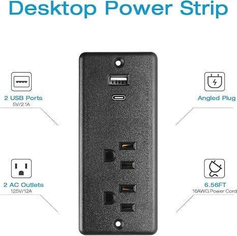 Recessed Furniture Power Strip Flush Mount Desk Outlet with 20W USB-C and 6 ft Cord