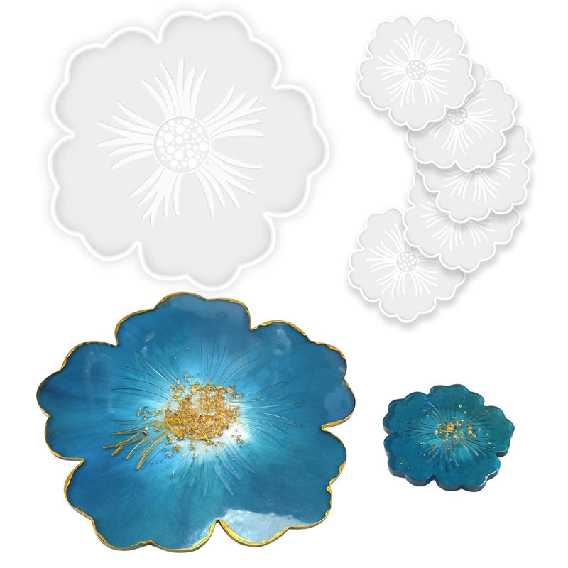 Silicone Resin Molds, 1Pcs Large Resin Tray Mold And 5Pcs Coaster Molds For Resin Casting, Flower Shape Epoxy Resin Casting Molds For Diy, Home Decoration, Table Wine Tray-6 Pcs