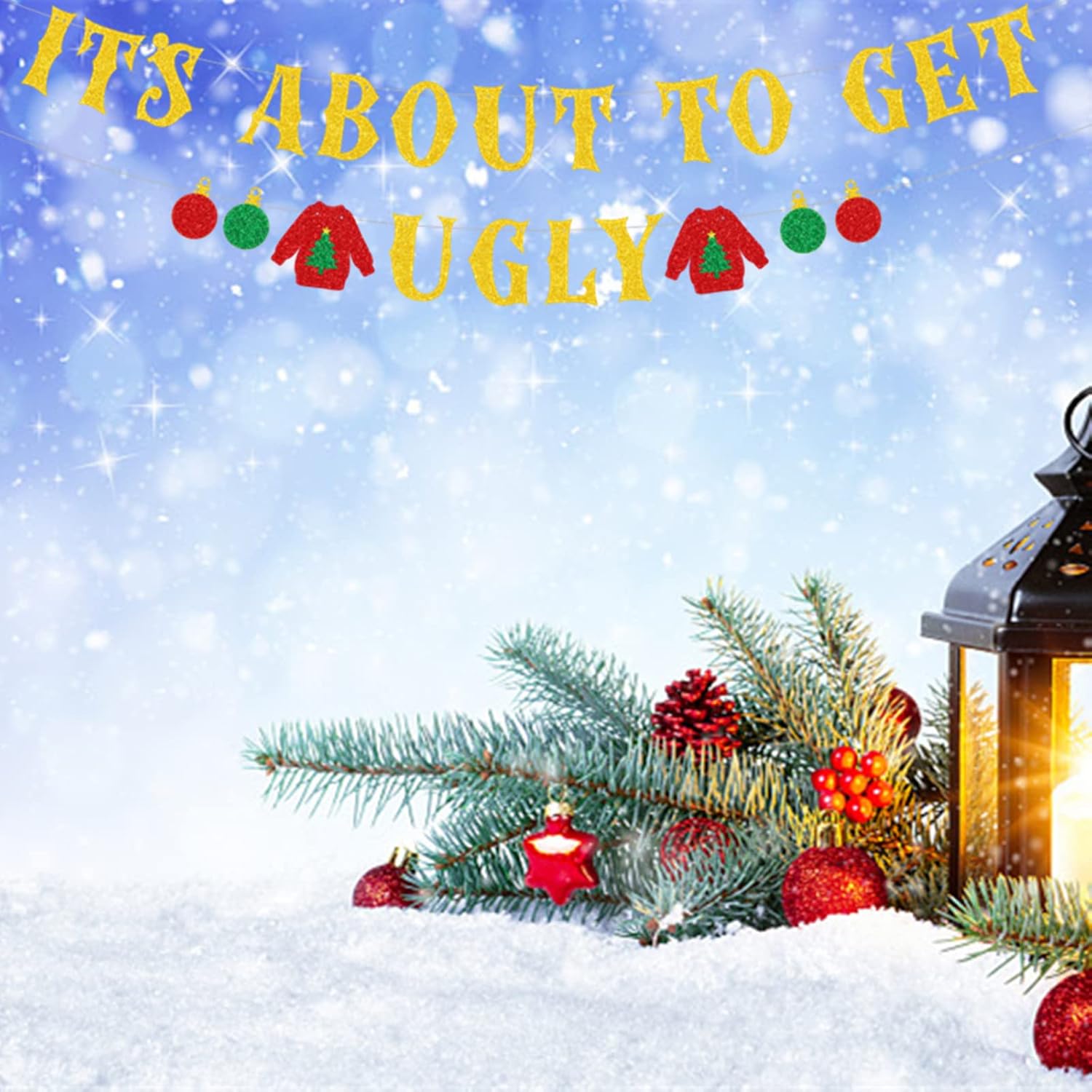 It'S About To Get Ugly Banner, Glittery Red Green Christmas Party Decorations Banners Winter Holiday Garland Photo Props Banner For Party Home Office Decorations