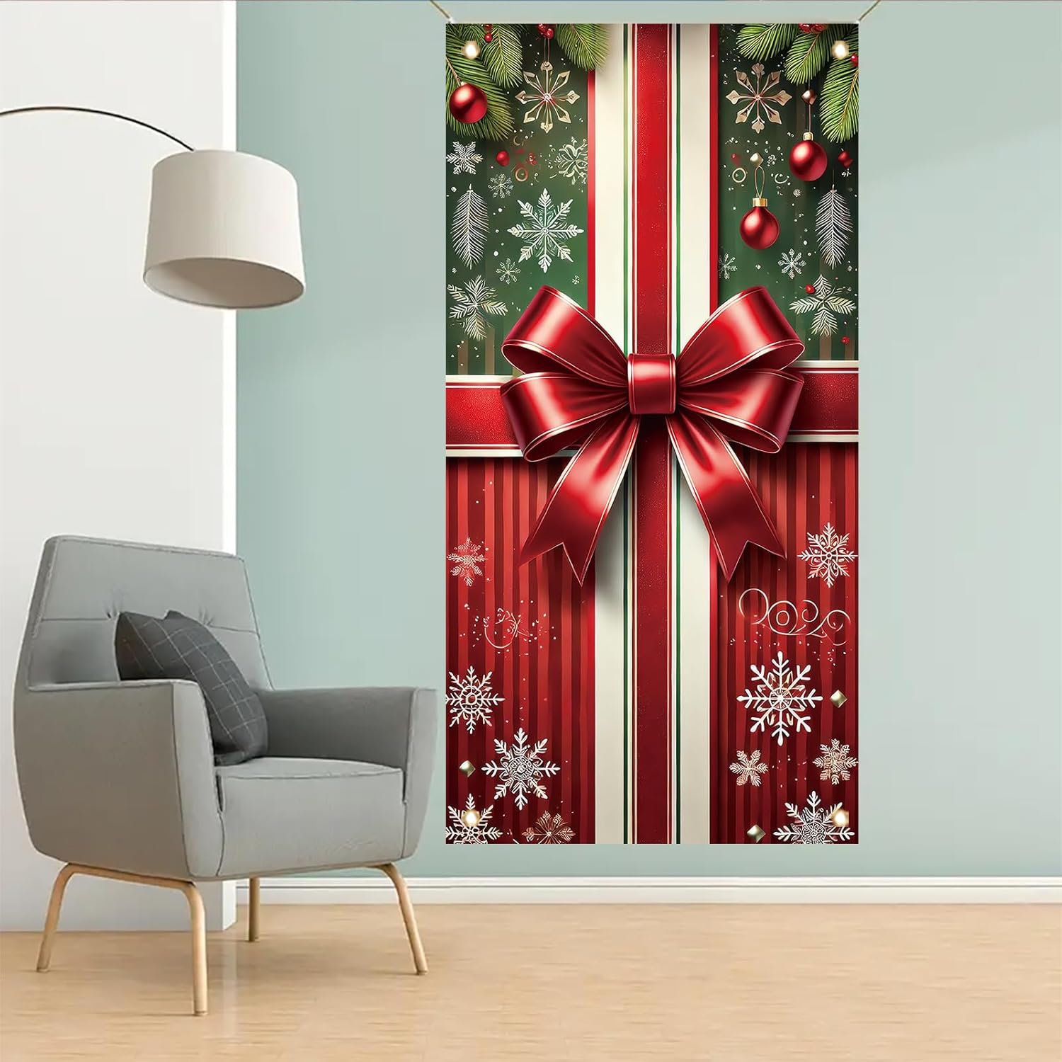 Christmas Door Cover Banner 35X71 Inch Holiday Front Door Decoration With Red Ribbon Bow Ornaments And Striped Gift Wrap Pattern For Xmas Winter Wall Hanging Seasonal Decor