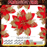 12 Pcs Christmas Glitter Poinsettia Flowers With Clips Stems Xmas Tree Wreaths Garland Decoration Ornaments Artificial Floral Picks Decor For Diy Wreath New Year Wedding Home Party (Red Gold)