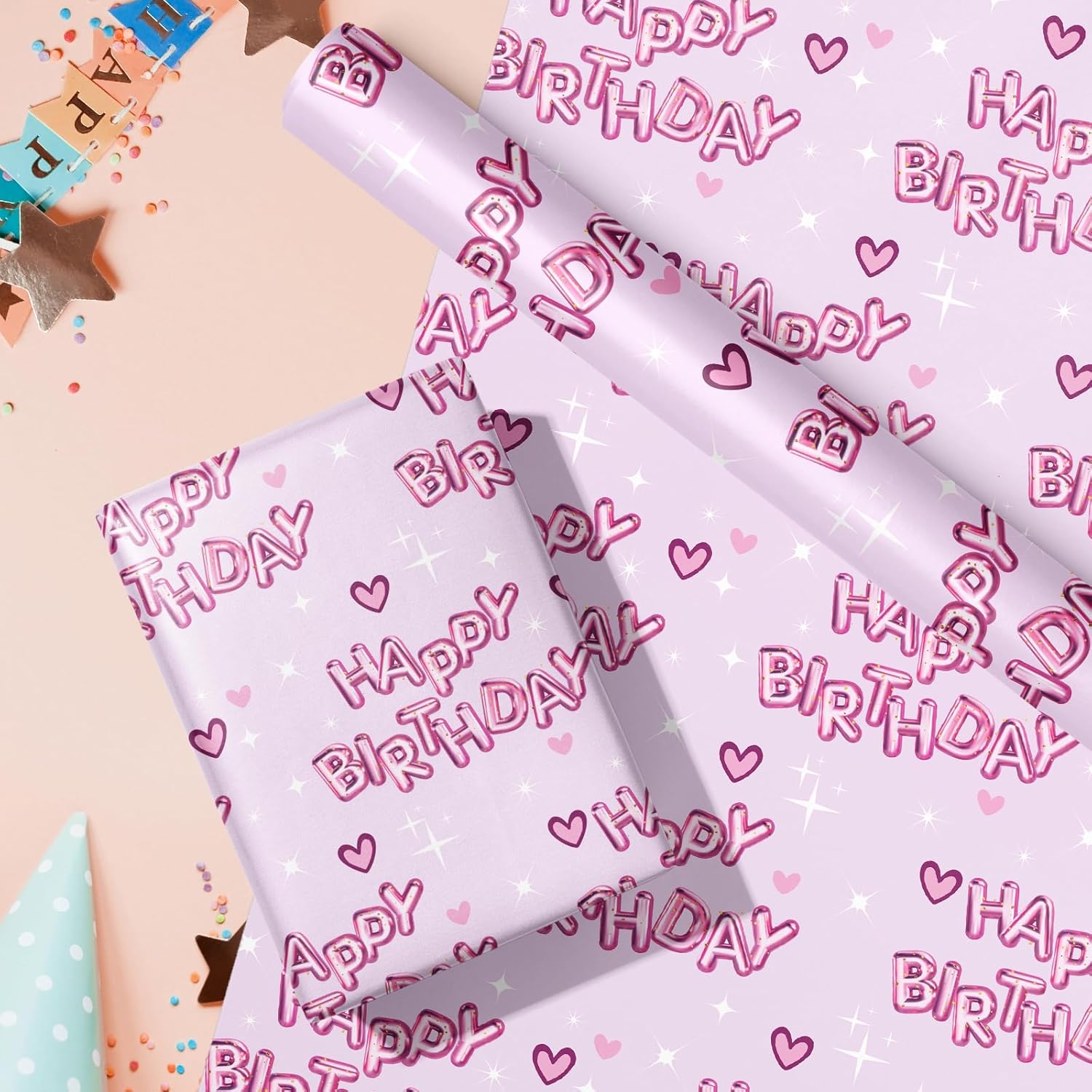 Birthday Wrapping Paper Women Girls, Mini Roll, Hearts And Pink Happy Birthday Balloons Design Gift Wrap Paper Perfect For Girls' Party Gifts, 17 Inches X 16.4 Feet