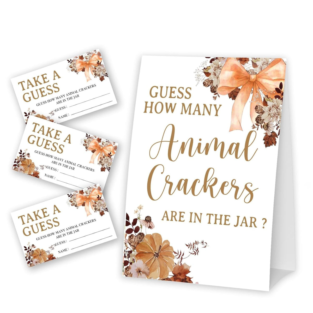 Bow Guess How Many Animal Crackers - Thanksgiving Baby Shower Card Set (1 Sign With 50 Guess Cards), Fall Florals Gender Reveal Party Favor Supplies -A08
