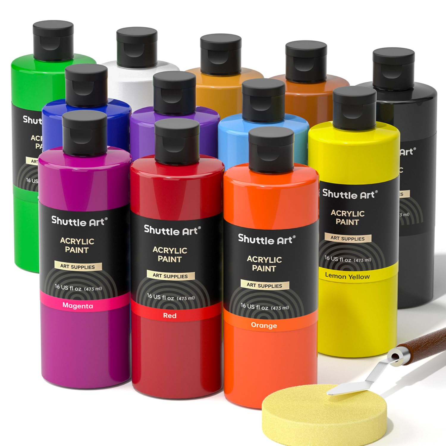 Acrylic Paint, 12 Colors Acrylic Paint Large Bottle Set, 473Ml/16Oz Each, Rich Pigments, High Viscosity, Bulk For Artists, Beginners And Kids On Rocks Crafts Canvas Wood