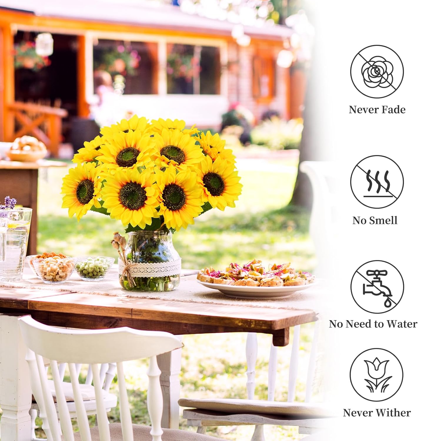 10 Pcs Artificial Sunflowers, 6 Inch Sunflowers Artificial Flowers With Stems, Faux Silk Huge Fake Flower Bouquet For Vase Decor Wedding Table Home Porch Indoor Outdoor Cemetery Decoration