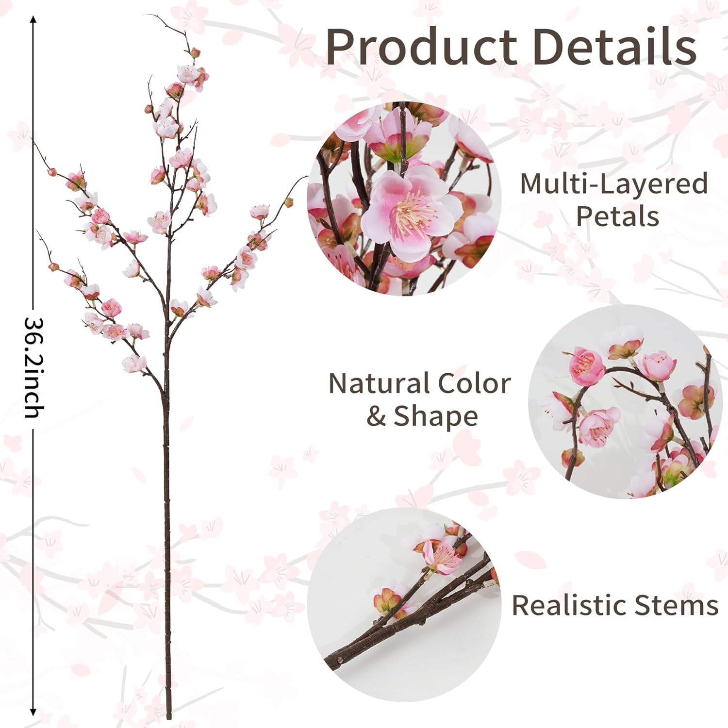 4 Pcs Cherry Blossom Branches Artificial Flowers For Spring Decor, 40 Inch Realistic Faux Flowers Long Stem Cherry Blossom For Indoor Home Wedding Party Table Centerpiece (Pink)