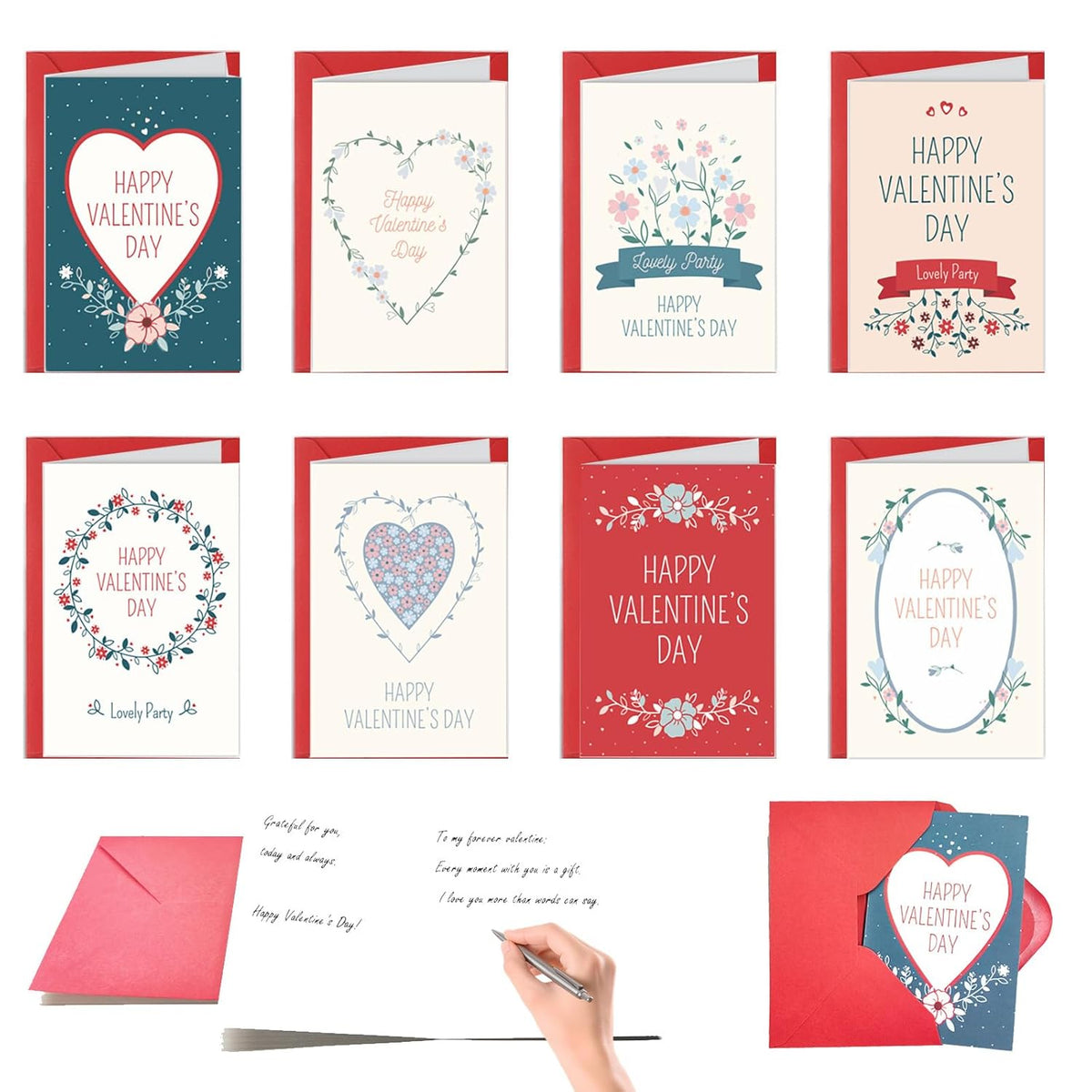 8Packs Valentines Day Cards Bulk Set With Red Envelopes, Romantic Floral & Heart Designs For Him,Husband,Wife,Kids Classroom,Friends, Funny & Sweet Greeting Cards For All Gifting Occasions