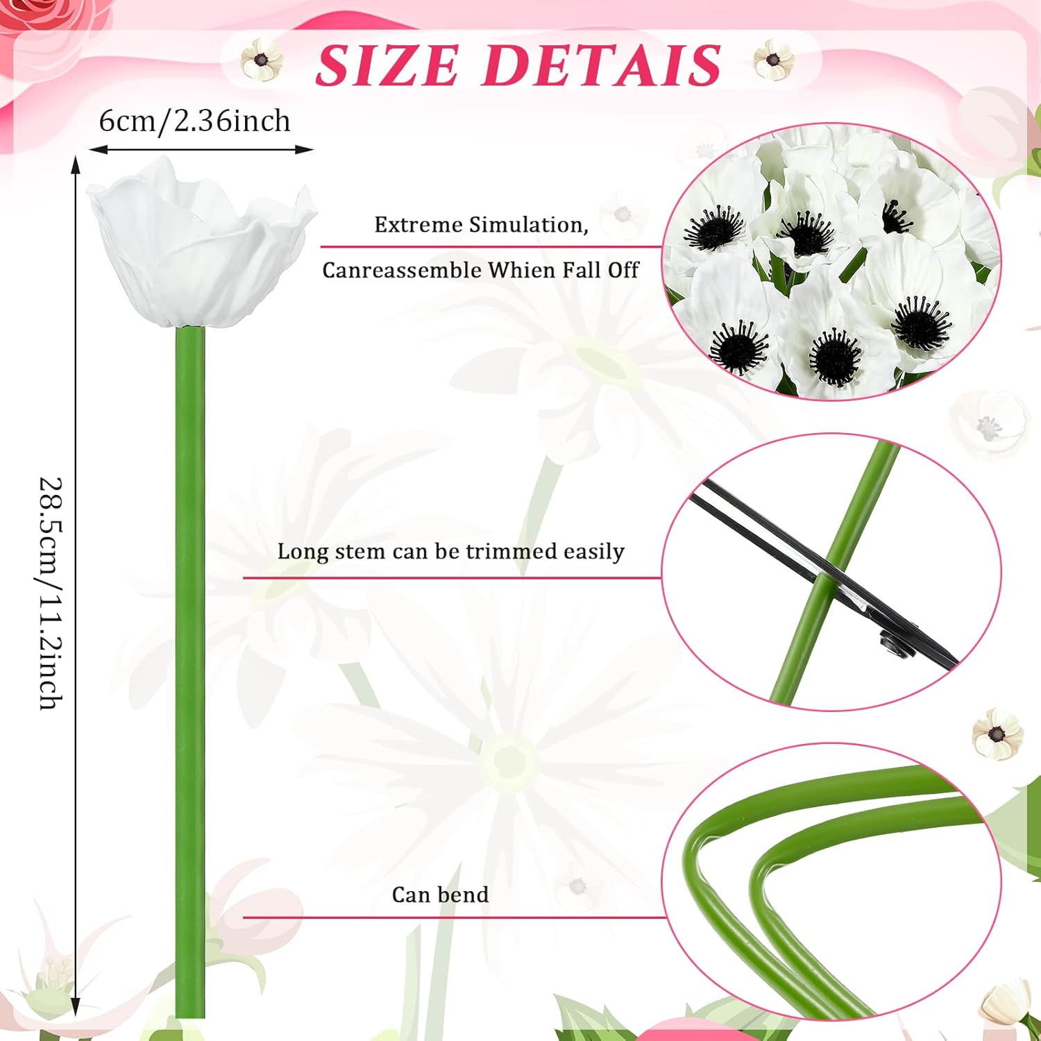 42 Pcs Artificial Poppy Flowers Bulk Pu Silk Poppy Flowers 11 Inch Anemone Stems Artificial Floral Table Centerpiece Decor For Halloween Wedding Home Party Veterans Supplies(White)