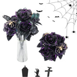 Halloween Bouquet Spider Artificial Roses Flowers,Fake Roses Faux Black Purple Roses For Halloween,Vase Arrgements Table Decoration