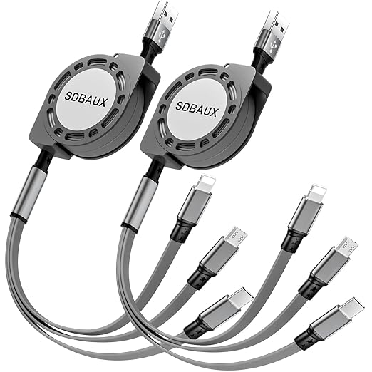 2 Pack Retractable 3 in 1 Multi USB Charging Cable Universal Fast Charger Cord for iPhone Samsung Android Tablets Gray