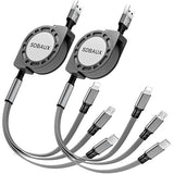 2 Pack Retractable 3 in 1 Multi USB Charging Cable Universal Fast Charger Cord for iPhone Samsung Android Tablets Gray