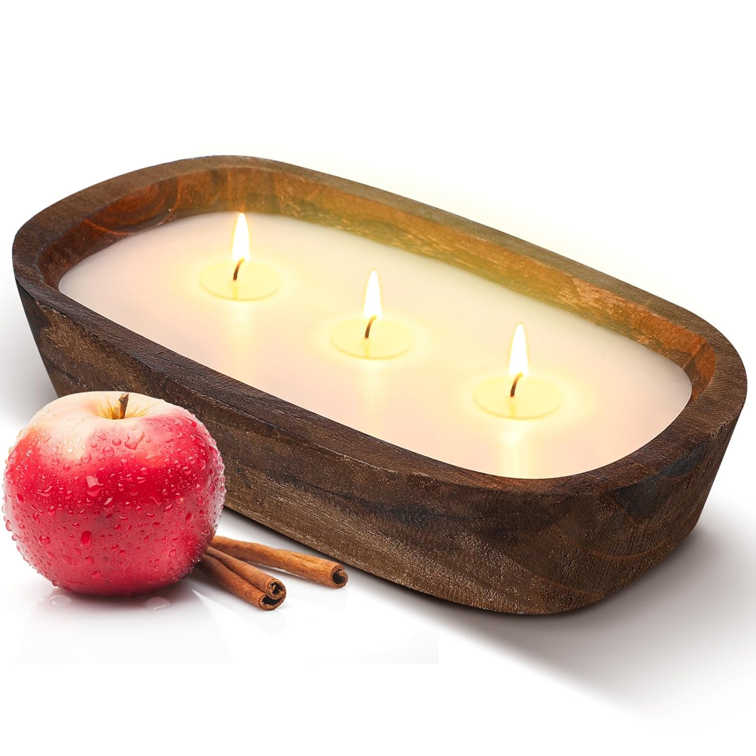 1 Pack 10 Oz Wood Dough Bowl Candles Home Rustic Dough Bowl Soy Candle 3 Wick Scented Candles Gifts For Men Women Farmhouse Table Centerpiece Home Decor For Christmas(Apple Cinnamon)