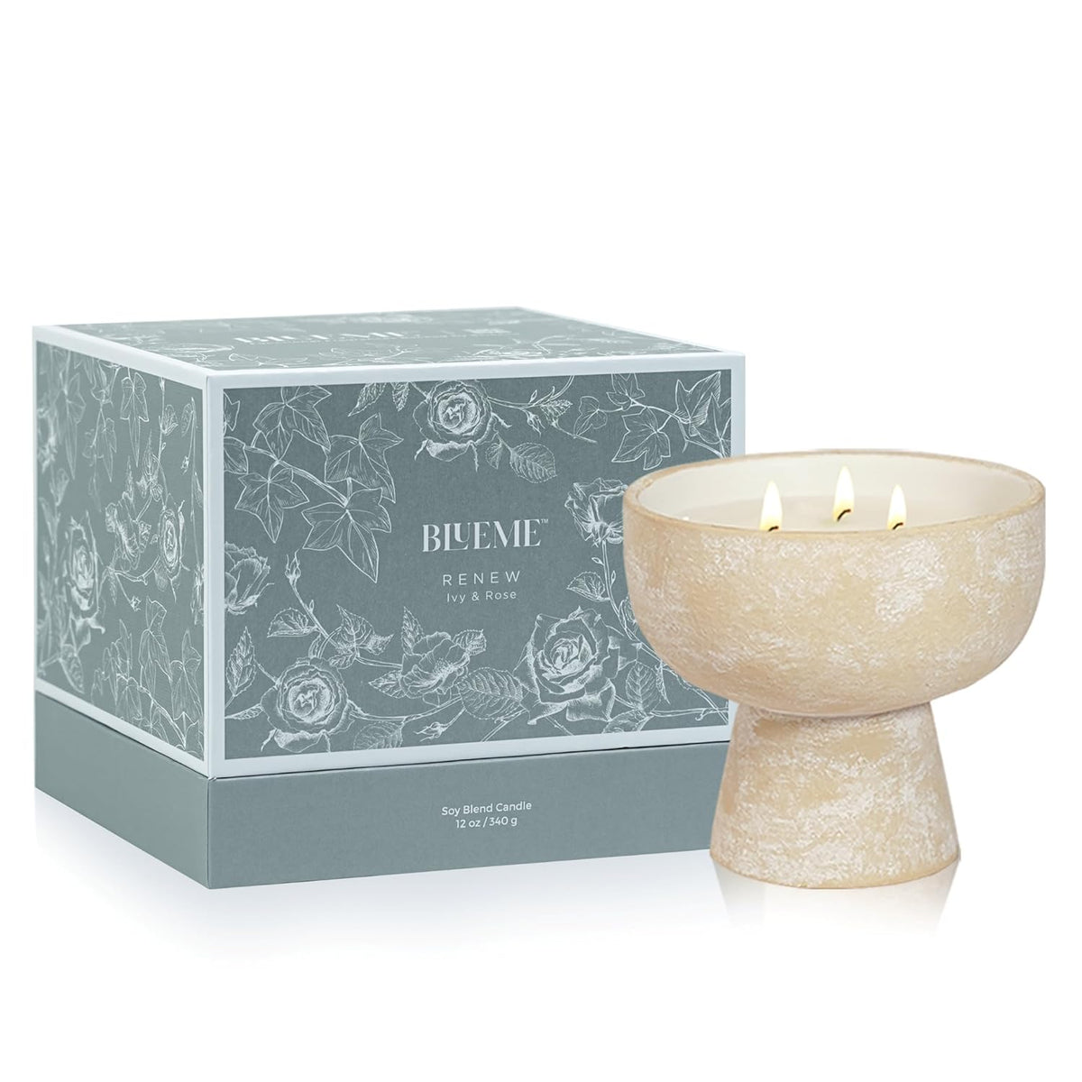 Mother'S Day Candle | Renew- Ivy & Rose | 3 Wick - Refillable Wellness Candle With Essential Oils, Hand Finished & Poured Soy Wax Blend Ceramic Vessel, Natural Cotton Wicks | Medium 12 Oz