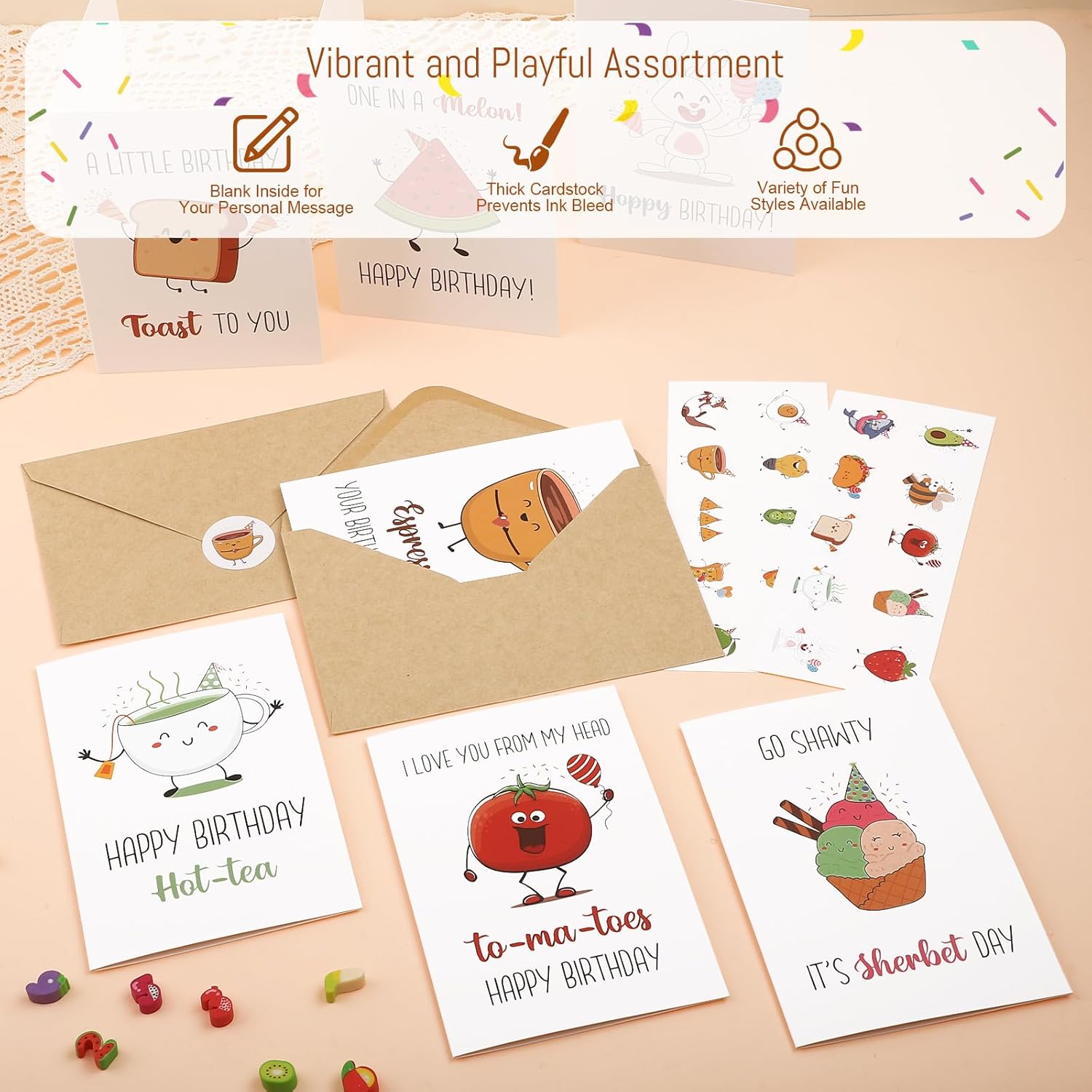 40 Birthday Cards With Envelopes & Stickers Set, 4"X6" Funny Bulk Birthday Card 20 Unique Designs Cute Handmade Greeting Card For Kids, Women, Friends, Family, Work & Office