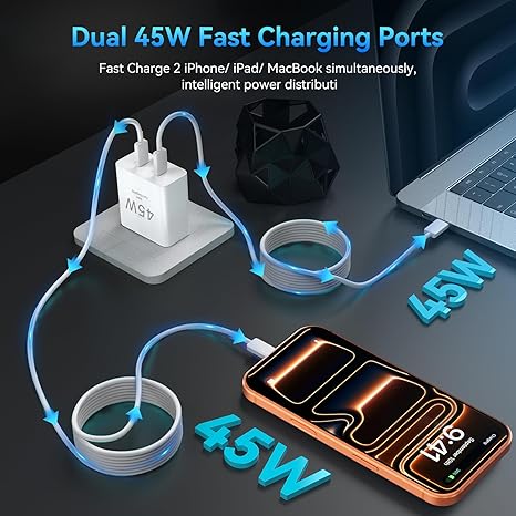 45W USB C Fast Charger with 10FT USB C Cable Dual Port Wall Charger for iPhone 17 16 15 Pro Max Samsung S24 S25 S26