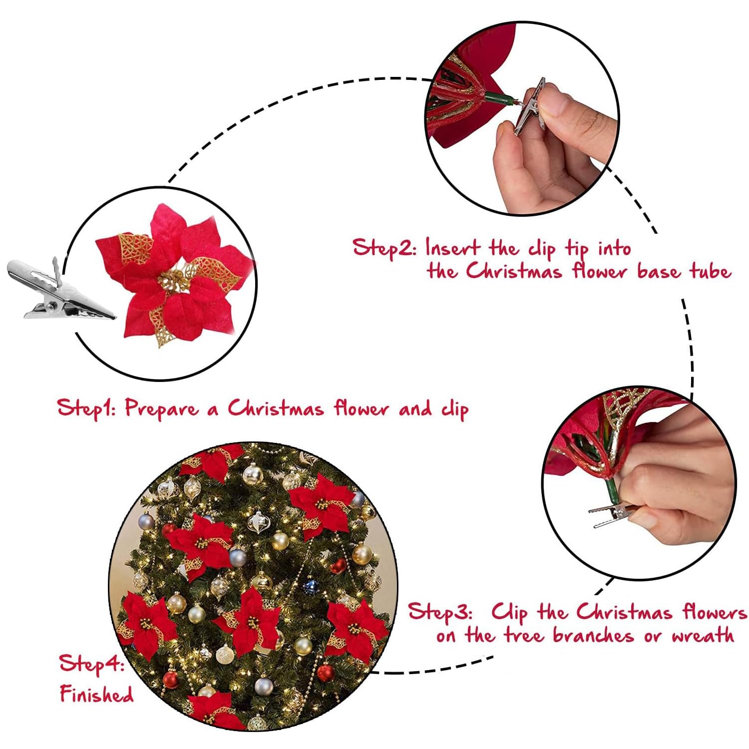 100 Pcs Clips For Christmas Flowers, 3Cm/1.2’’ Mini Fish Mouth Clip For Wreath Flower And Christmas Tree Flowers Decorations Poinsettia Christmas Flower Accessories