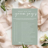 Bridal Shower Games Cards & What Did The Groom Say - 25 Guest Engagement Party Wedding Games - Minimalist Green Wedding Party Supplies - C12