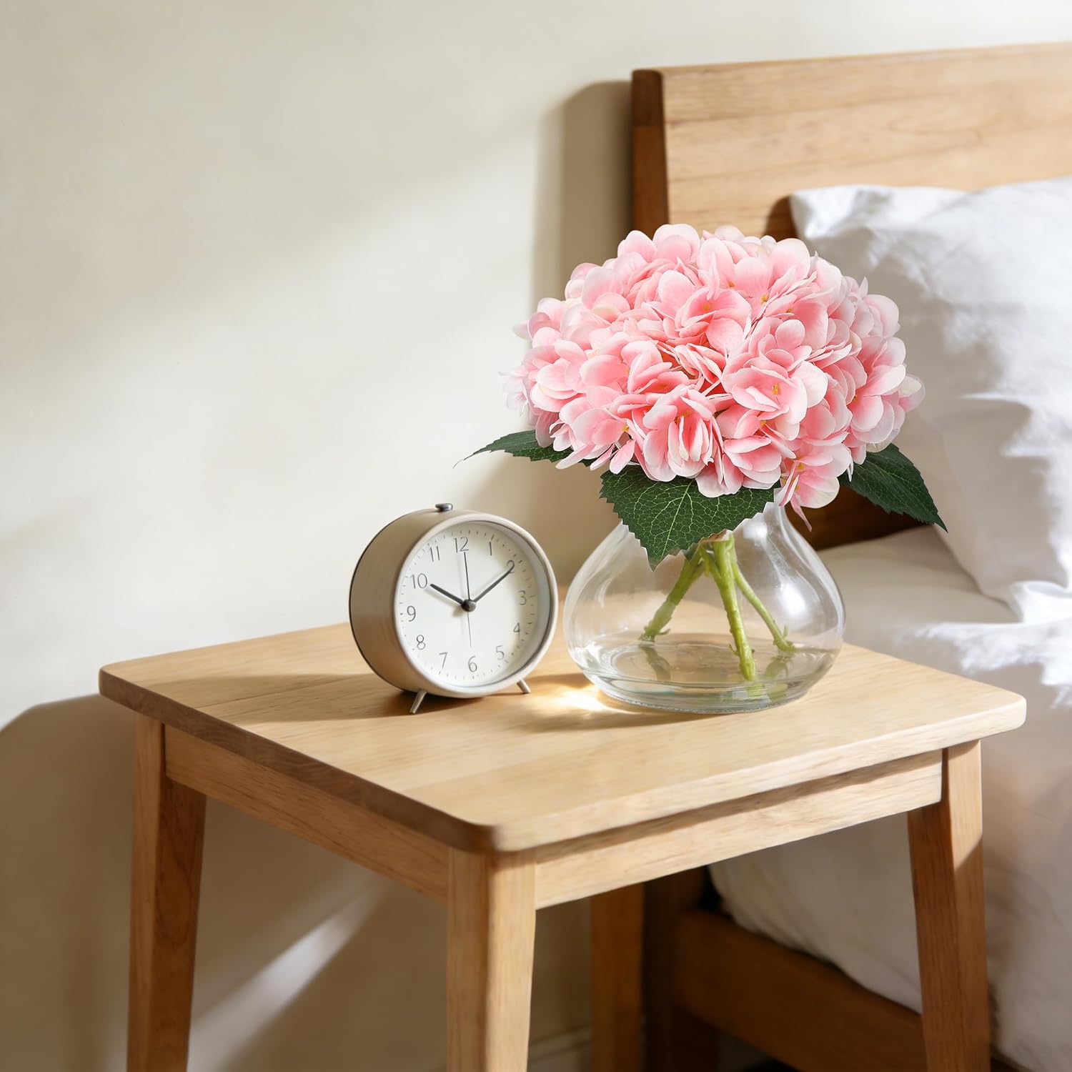 Artificial Hydrangea Flowers With Glass Vase & Fake Water - Faux Hydrangea For Home Table, Wedding Party, Office Decor | Realistic Fake Hydrangeas, Silk Flowers For Vase Arrangement (Hydrangea, Pink)