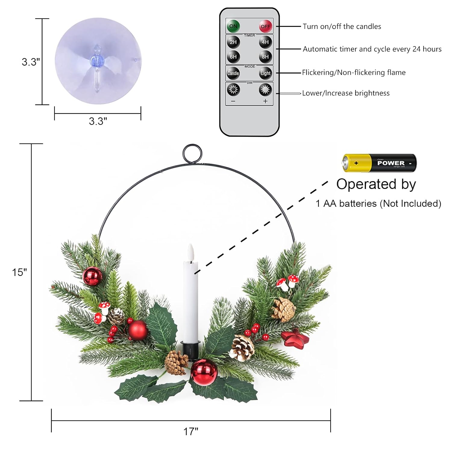 Flameless Candles With Remote And Timer Wreaths, Real Wax Battery Operated Wreaths With Led Flickering 3D Flame, Christmas Gift For Front Door Window Holiday Christmas Decor