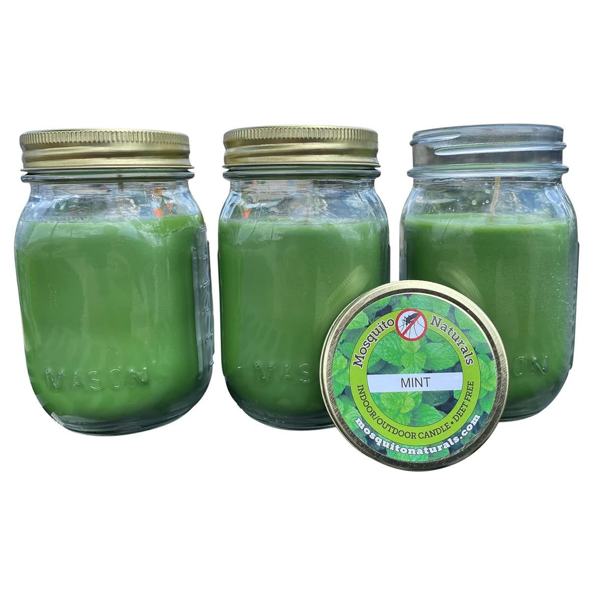 Mint Candles With Essential Oils (Set Of 3) For Patio, Deck, Outdoor Or Indoor Use - 88 Hour Burn - All Natural, Soy Base - Mason Jar With Lid, Made In Usa