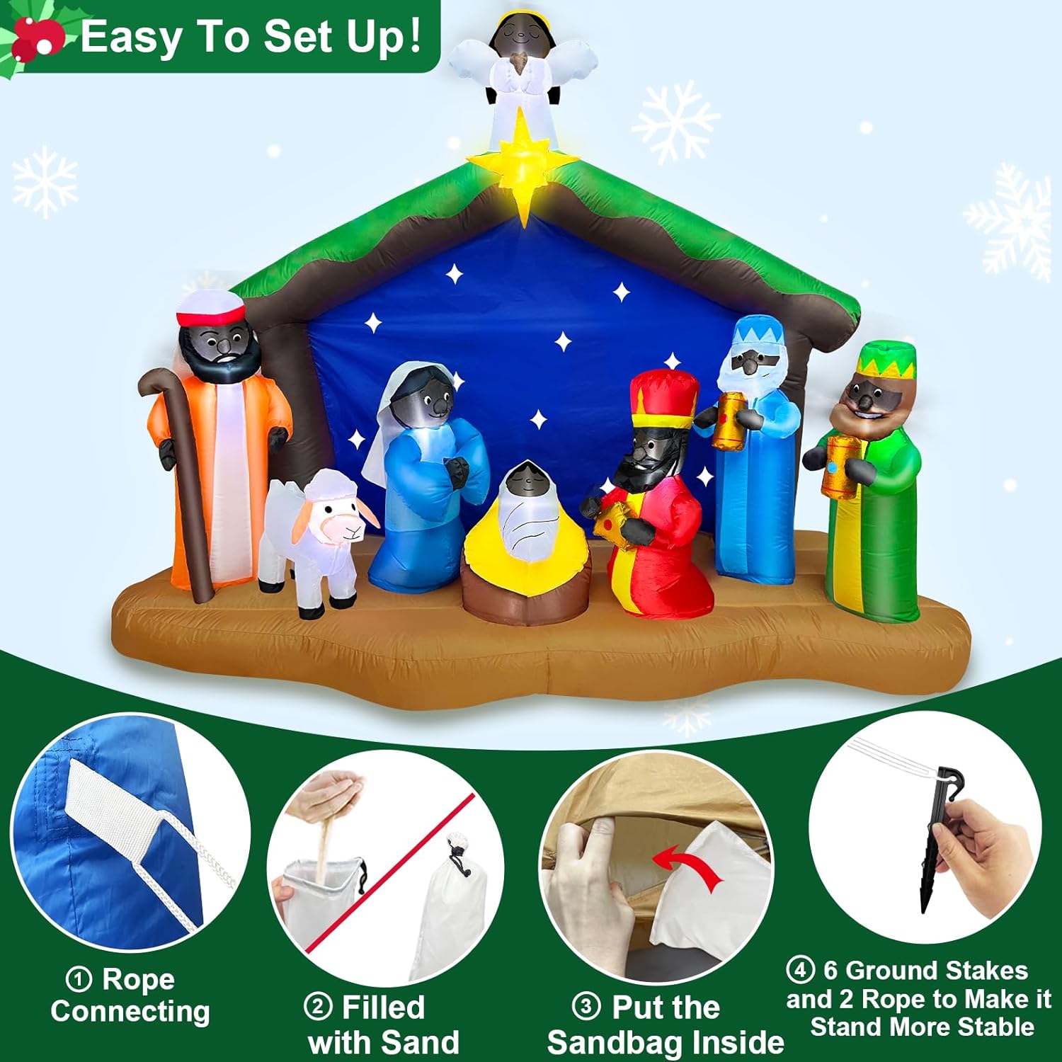 8 Ft Long 5.5 Ft Tall Christmas Inflatables African American Black Nativity Scene Set Outdoor Decorations With Angel, Bu