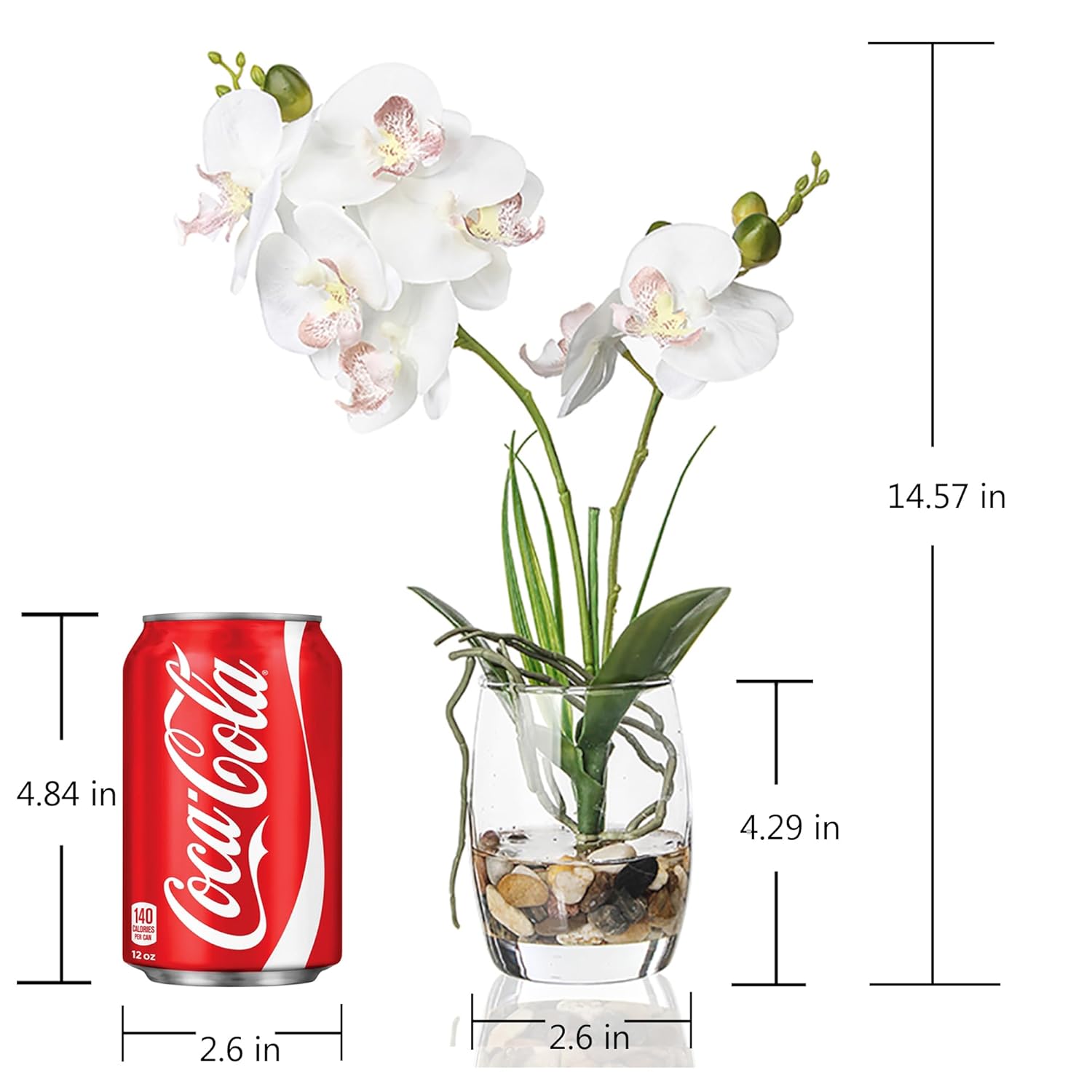White Orchid Centerpiece In Glass Vase, 14.5 Inch Artificial Phalaenopsis With Potting For Home Office Decor, Table Centerpiece