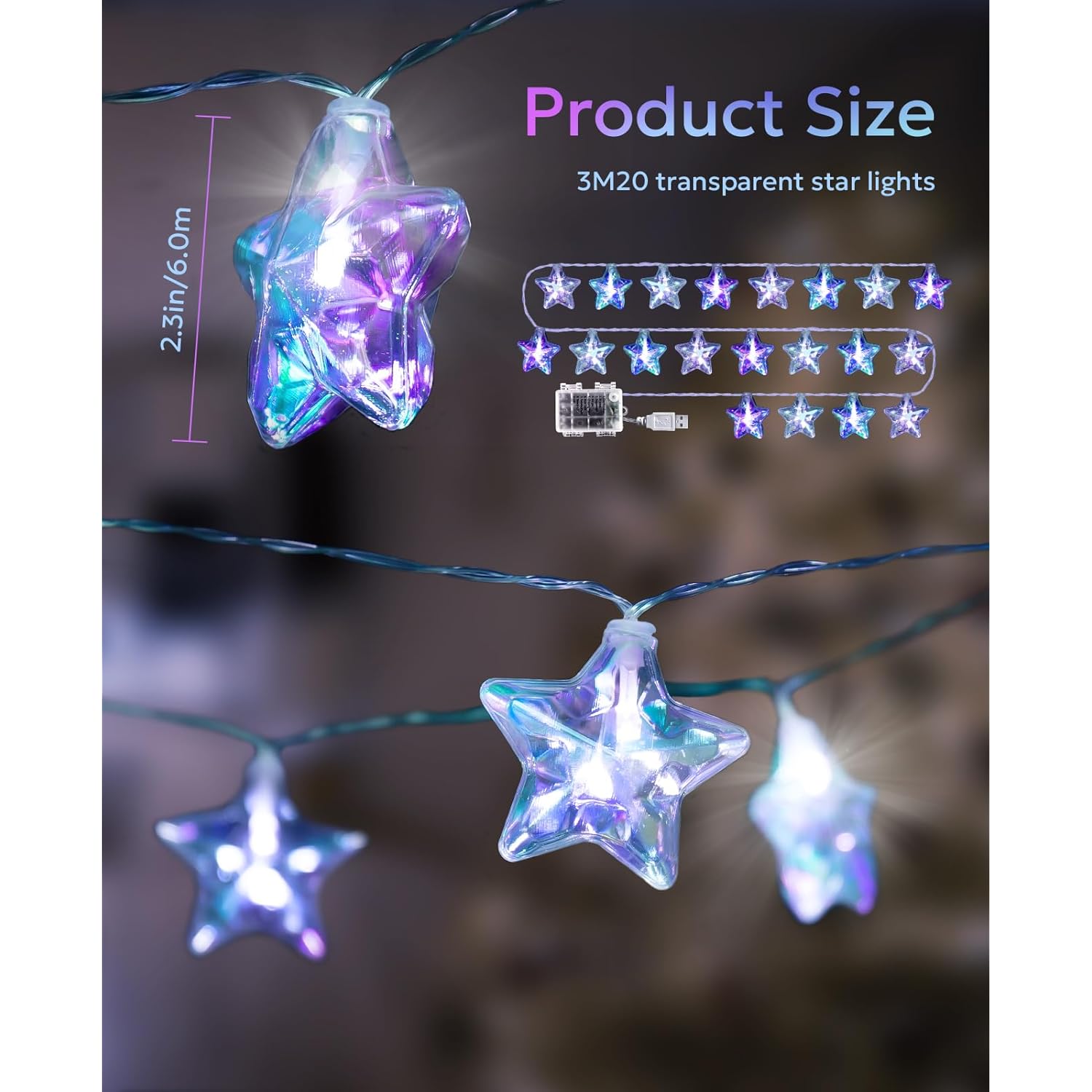 20 Led Star String Lights - Iridescent Party Decorations Star Lights Holographic With Remote Control, Waterproof Outdoor
