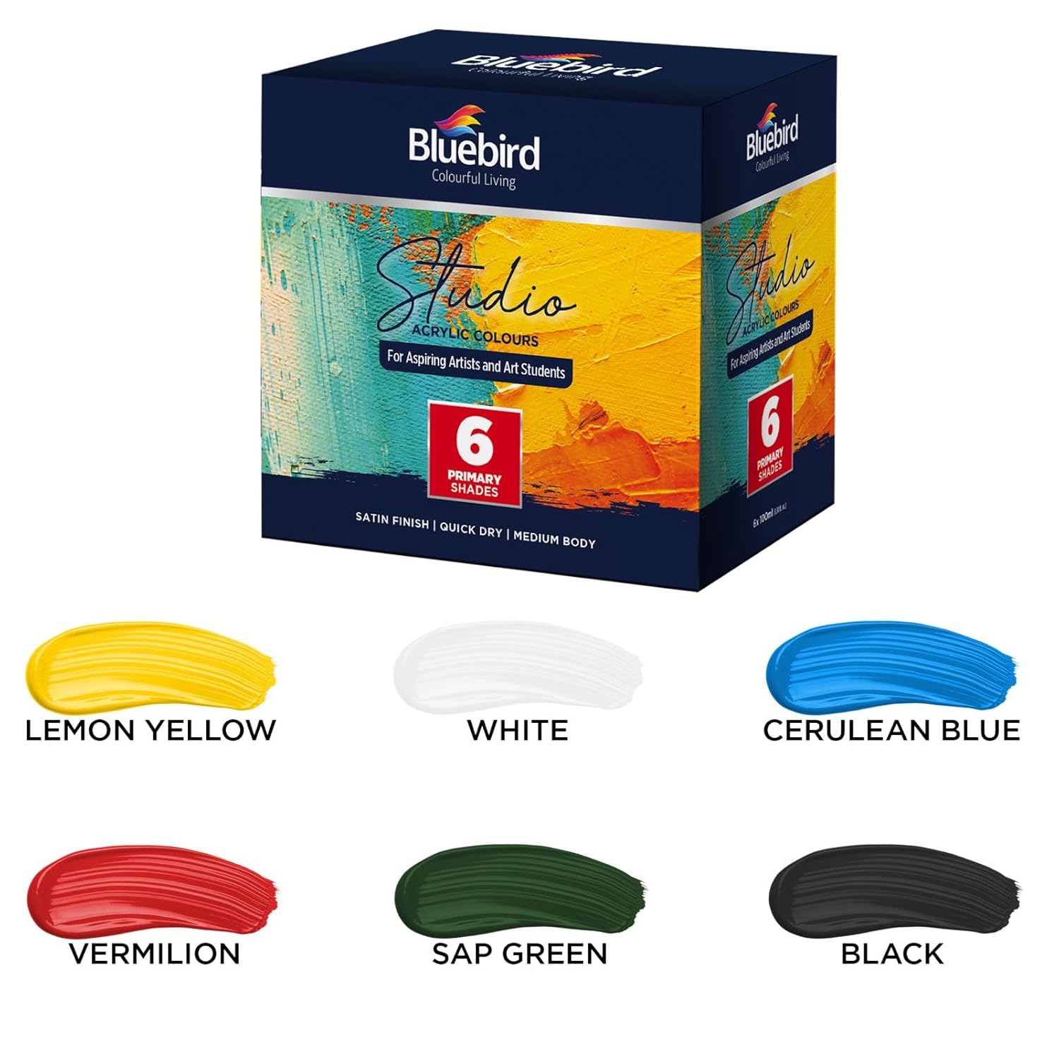 BLUEBIRD Studio Acrylic Paints, Primary Colors, 6-Pack 3.4 Fl Oz each, Basic Acrylic Paint For DIY Crafts & Beginner Artists